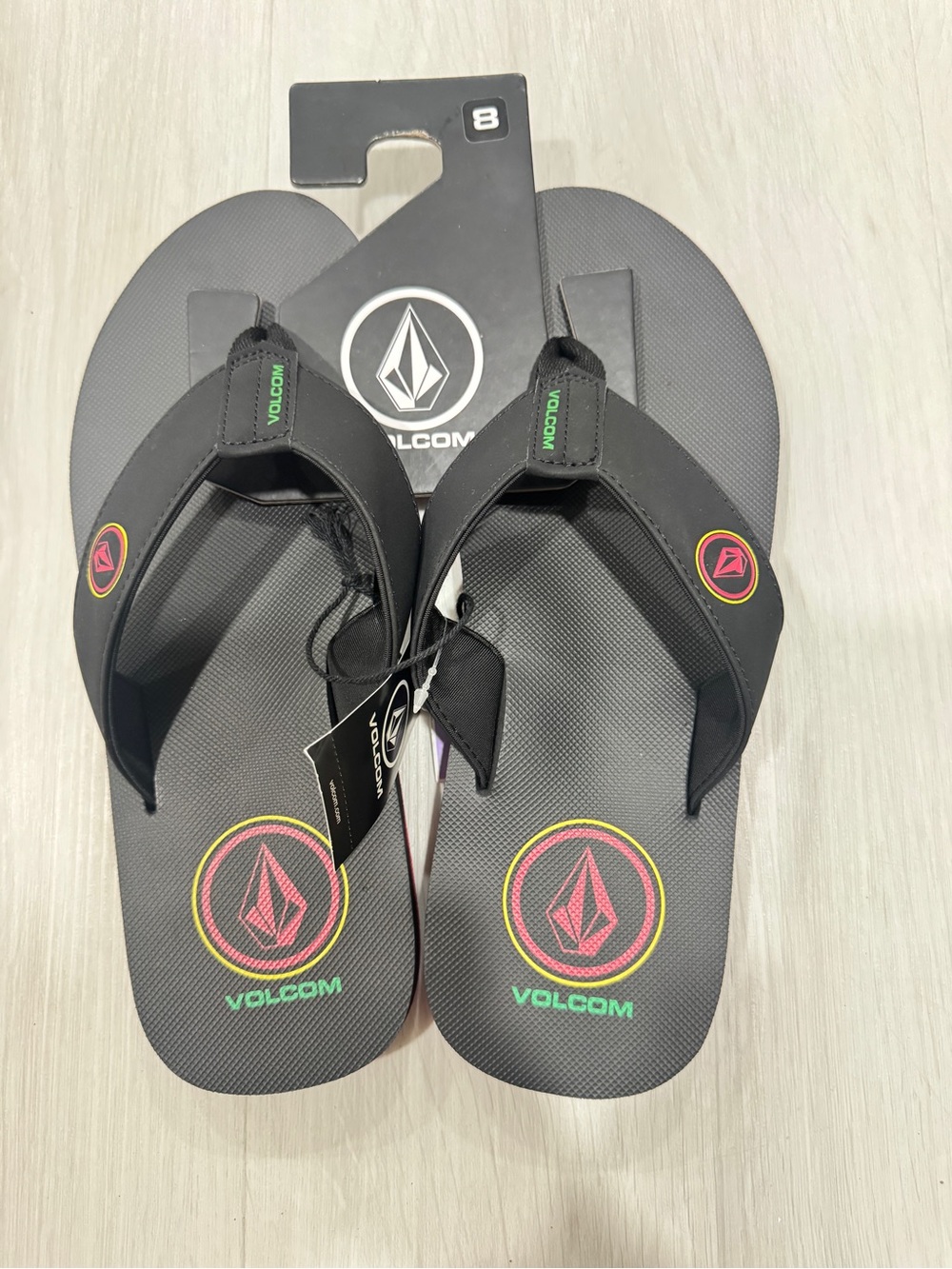 Volcom Black Flip Flops with Neon Pink, Yellow & Green Logos